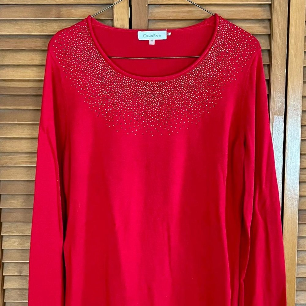 Calvin Klein Pullover Sweater Red with Gold Speckled Yoke